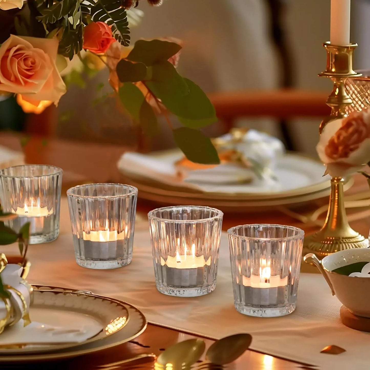 Clear Ribbed Glass Votive & Tea Light Candle Holders – 12 PCS