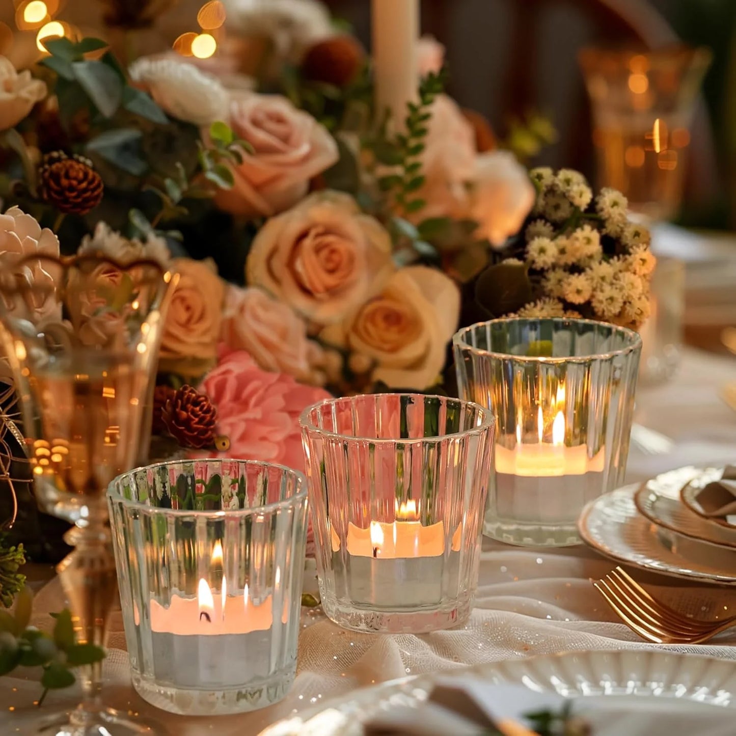 Clear Ribbed Glass Votive & Tea Light Candle Holders – 12 PCS