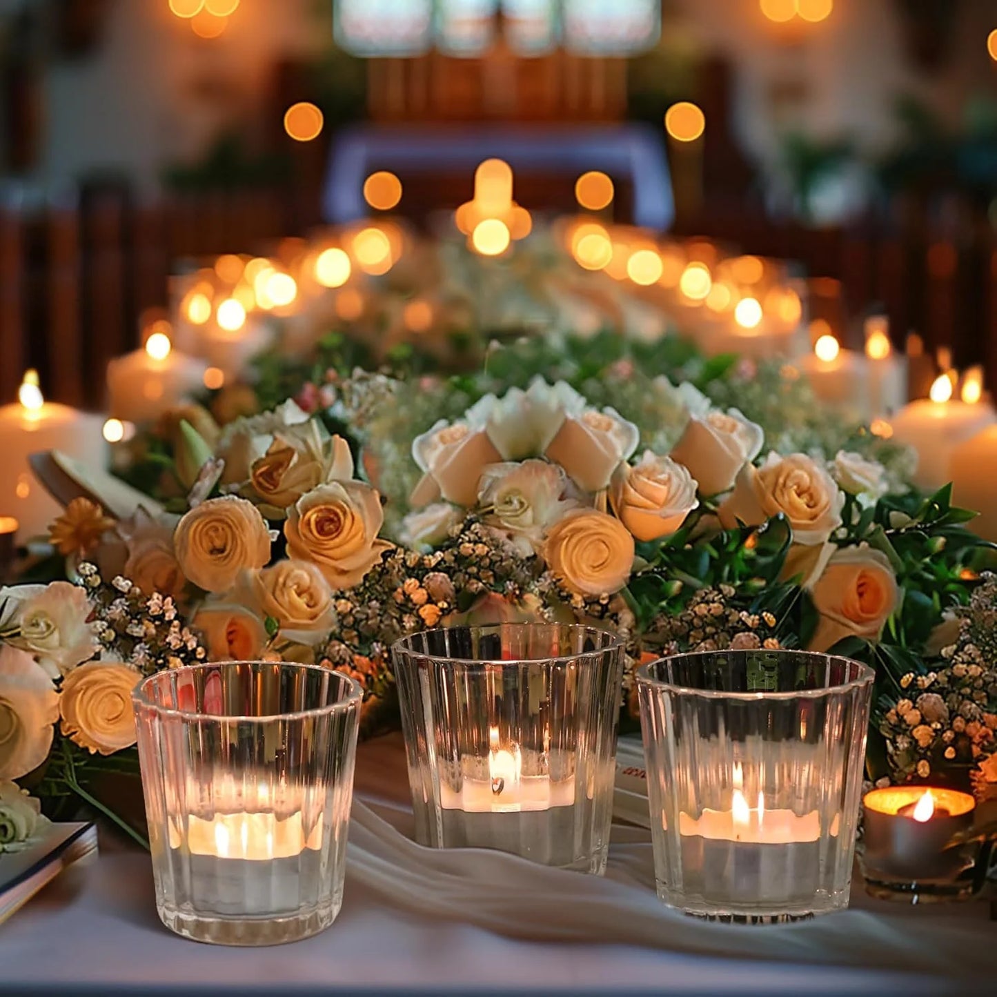 Clear Ribbed Glass Votive & Tea Light Candle Holders – 12 PCS